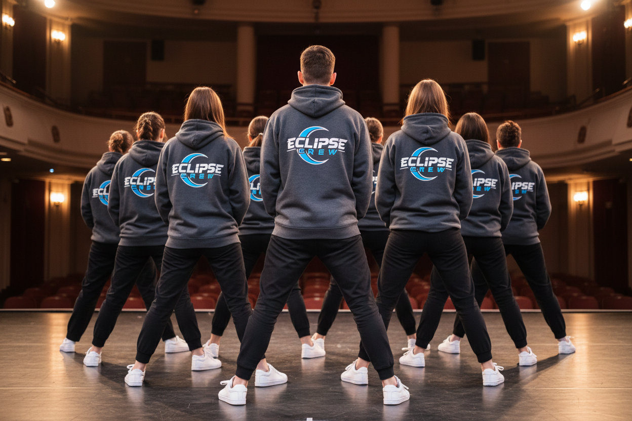 Foto van een dansgroep met hun Logo op de achterkant van hun hoodies